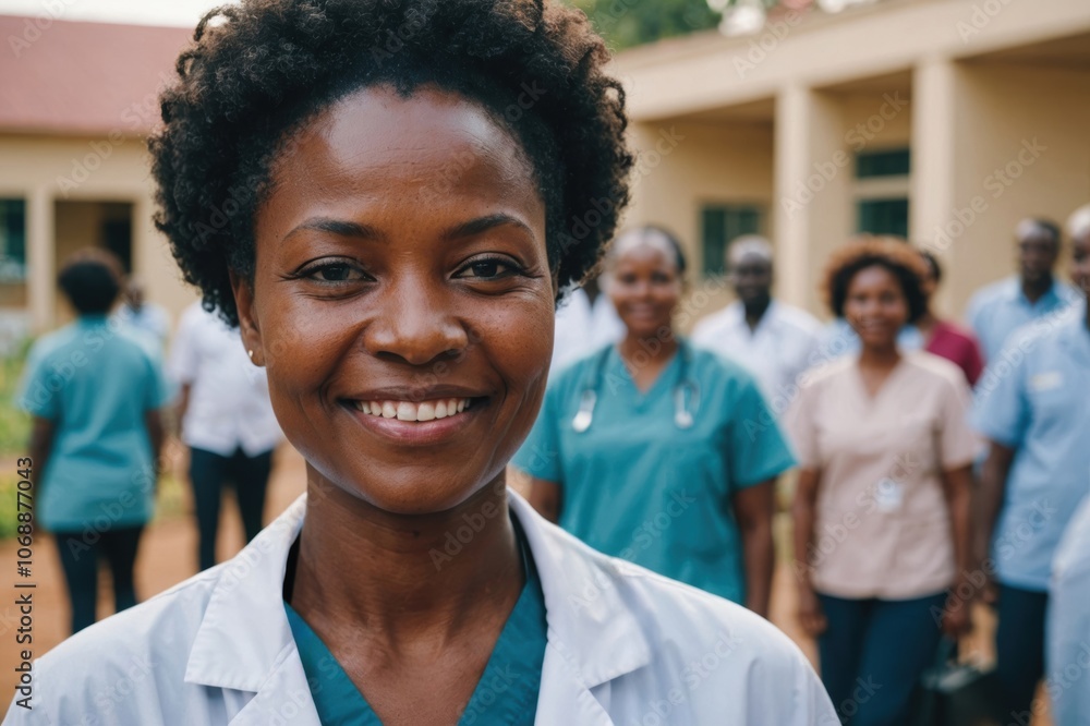 Close portrait of a smiling 40s Malawian woman doctor looking at the camera, Malawian hospital blurred background Close portrait of a smiling 40s Malawian woman doctor looking at the camera, Malawian hospital blurred background