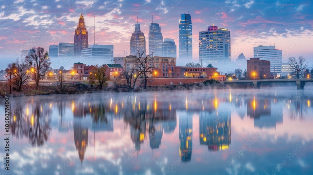 A serene city skyline at dawn reflects on water, surrounded by trees and soft clouds, showcasing a blend of urban and natural beauty.