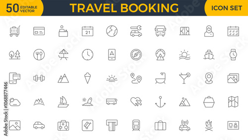 Travel Booking Icon Set. Stylish and user-friendly icons for enhancing travel apps, websites, and services, perfect for streamlining flight searches, hotel bookings, and adventure planning.