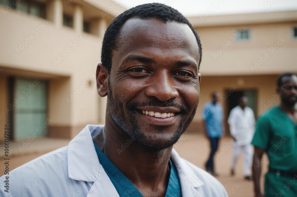 Close portrait of a smiling 40s Malian man doctor looking at the camera, Malian hospital blurred background Close portrait of a smiling 40s Malian man doctor looking at the camera, Malian hospital blurred background