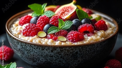 Fruit compote poured over oatmeal, National Fruit Compote Day, hearty and nutritious, fresh berries and figs