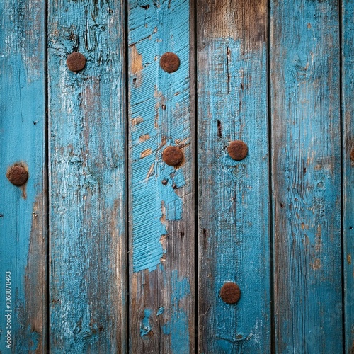 close up old wood planks with worn blue paint and rusty nails texture background