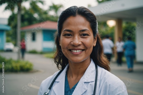 Close portrait of a smiling 40s Marshallese woman doctor looking at the camera, Marshallese hospital blurred background