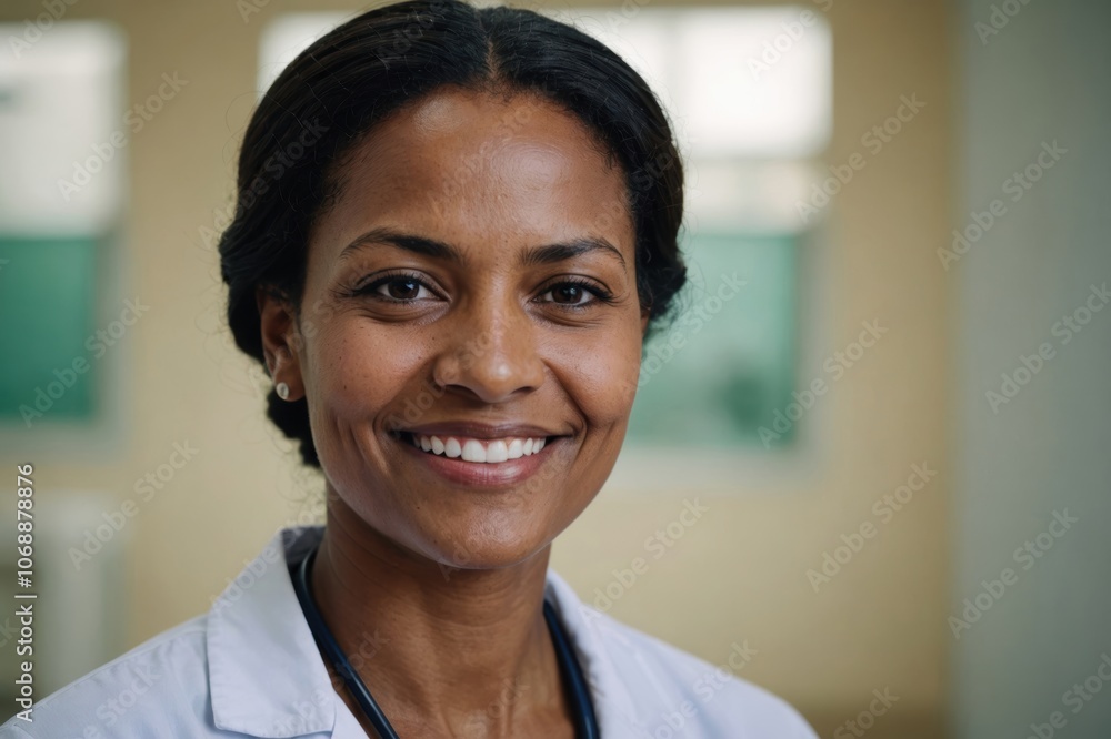Close portrait of a smiling 40s Mauritanian woman doctor looking at the camera, Mauritanian hospital blurred background Close portrait of a smiling 40s Mauritanian woman doctor looking at the camera, Mauritanian hospital blurred background