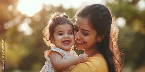 A woman is holding a baby girl and both of them are smiling. Scene is happy and joyful photo