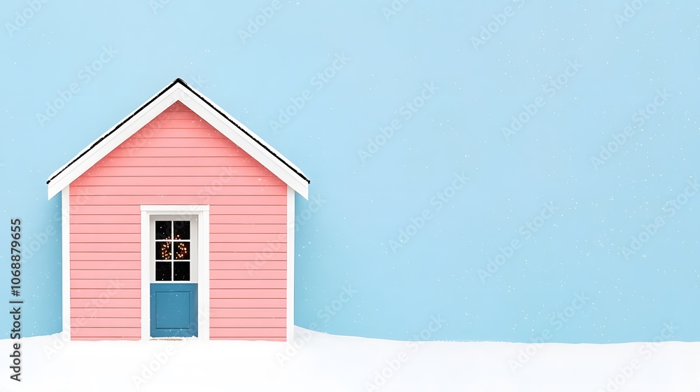 A Charming Winter Scene Featuring a Cozy Snowy House Surrounded by Gentle Snowfall and Blue Sky. Cozy Christmas Concept A Charming Winter Scene Featuring a Cozy Snowy House Surrounded by Gentle Snowfall and Blue Sky. Cozy Christmas Concept