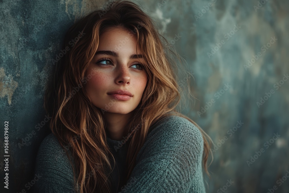 Fototapeta premium Young woman with tousled hair leaning against a textured wall in soft natural light