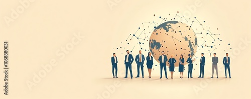 A clean flat illustration of business people in work attire circling the globe with connected circles, set on a light beige background, representing a global professional network