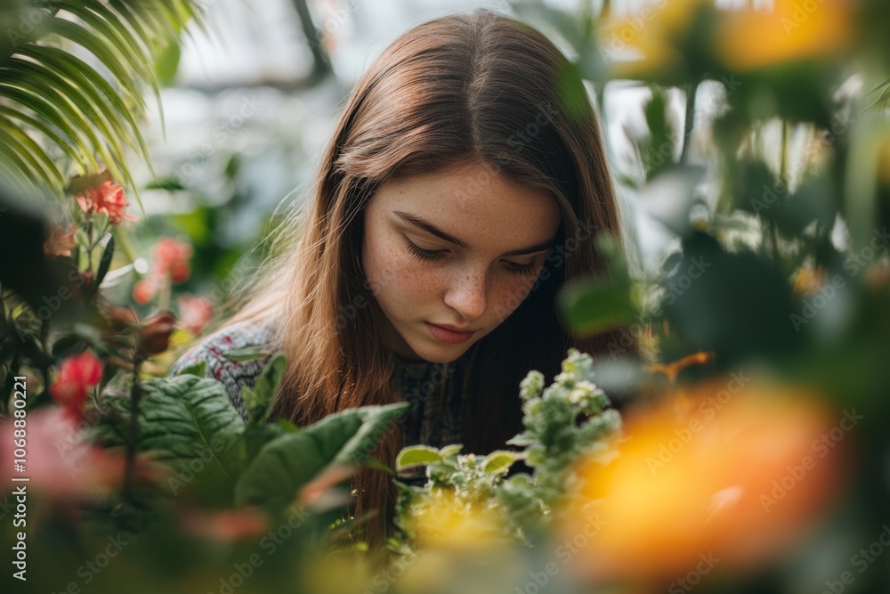 A young girl admires vibrant flowers in a lush garden. Her expression shows curiosity and wonder. Nature surrounds her in this peaceful moment. Generative AI A young girl admires vibrant flowers in a lush garden. Her expression shows curiosity and wonder. Nature surrounds her in this peaceful moment. Generative AI