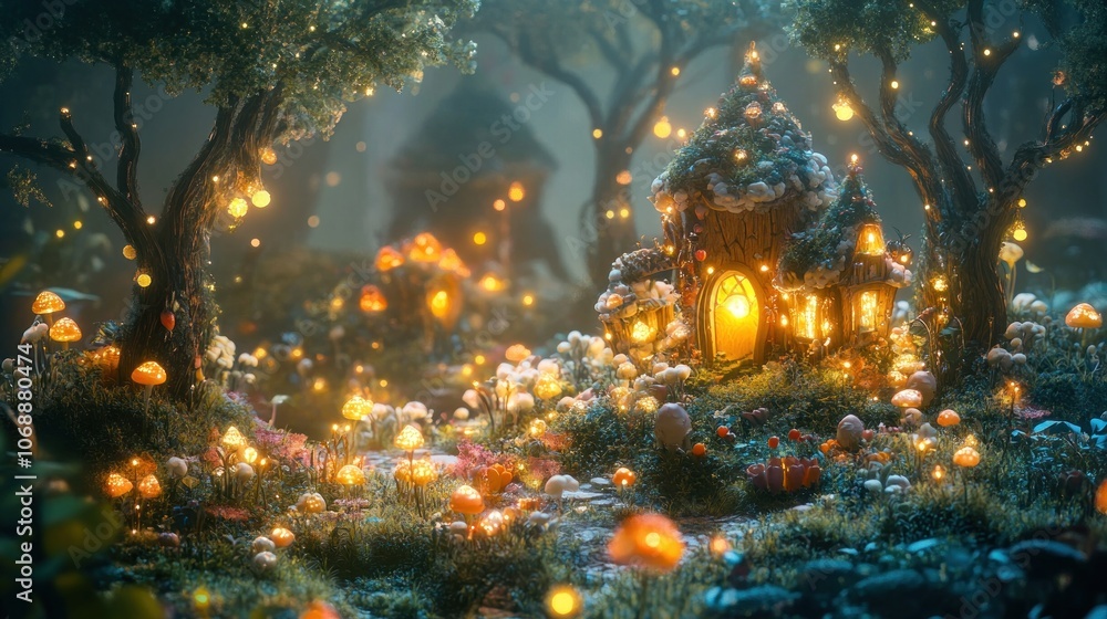 A magical forest with glowing mushrooms, a fairytale cottage, and a pathway leading to a distant village. A magical forest with glowing mushrooms, a fairytale cottage, and a pathway leading to a distant village.