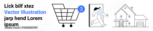 Shopping cart with number three in blue circle, person emerging from smartphone, simple house outline. Ideal for e-commerce, online shopping, delivery services, digital marketing, mobile apps, home