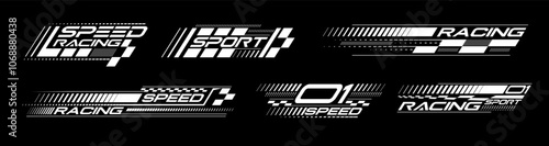 Racing stripes geometric lines design racing car hood sticker, dynamic arrow shapes and lines background for sporting event. racing start and finish flag. vector illustration template for motorsports