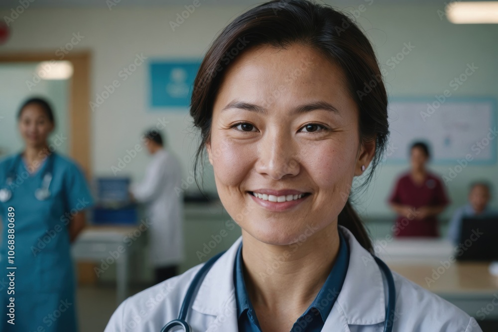 Close portrait of a smiling 40s Mongolian woman doctor looking at the camera, Mongolian hospital blurred background Close portrait of a smiling 40s Mongolian woman doctor looking at the camera, Mongolian hospital blurred background
