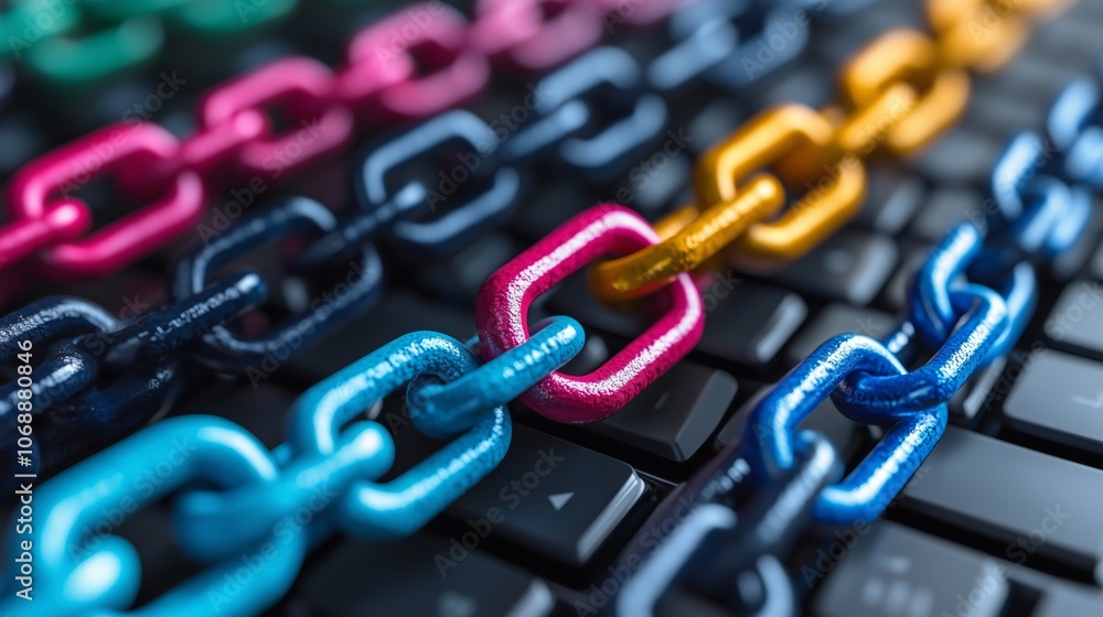 Fototapeta premium Colorful metal chains on a keyboard symbolizing digital security