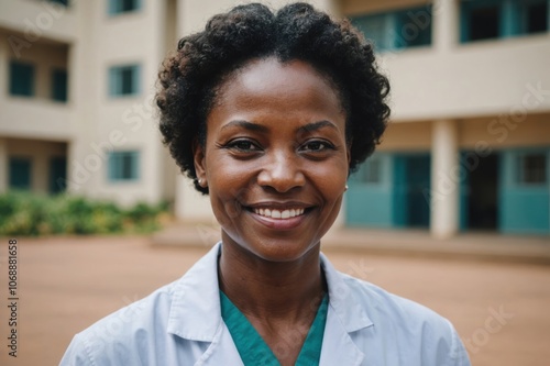 Close portrait of a smiling 40s Mozambican woman doctor looking at the camera, Mozambican hospital blurred background