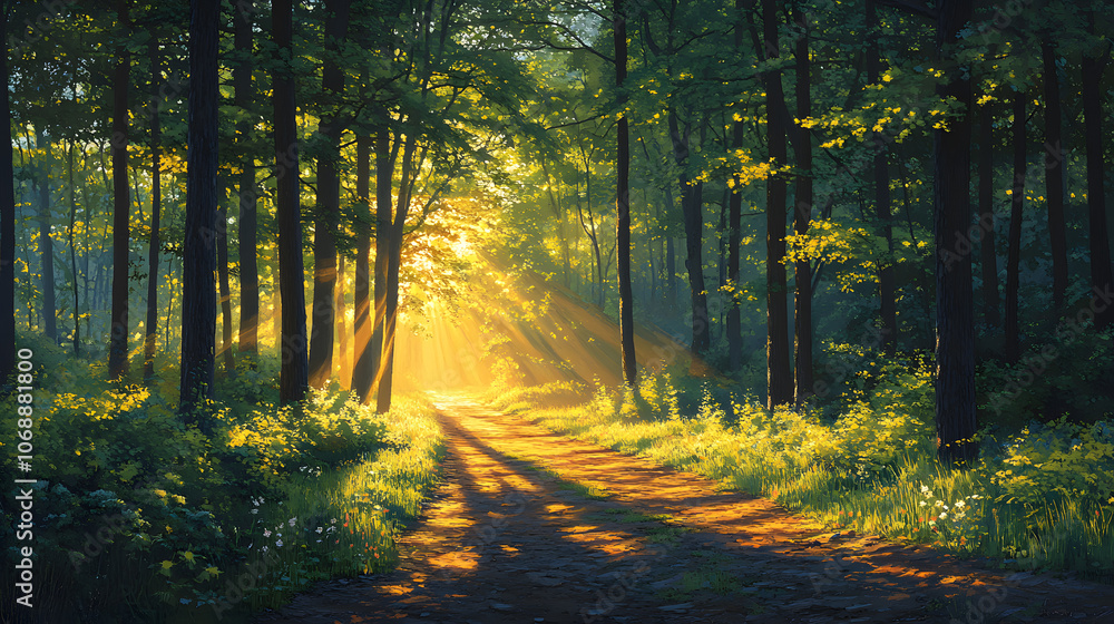 Fototapeta premium A photography showcasing the contrast between the old and the new: moss-covered tree trunks stand strong as bright wildflowers and budding branches fill the landscape with bursts of color.