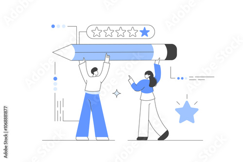 Customer feedback. Characters holding Big pencil and asking for positive review. Customer service. 5 stars. Vector Illustration, icon. Stylish, Minimalist line, abstract