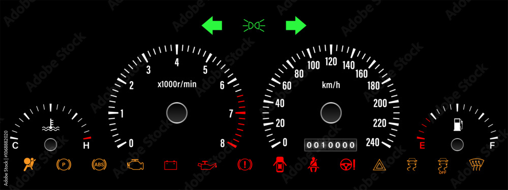 Fototapeta premium Car Dashboard. Car Panel Display. Car Speedometer Dashboard. Tachometer or Odometer Display. Vector Illustration.