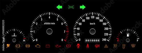 Car Dashboard. Car Panel Display. Car Speedometer Dashboard. Tachometer or Odometer Display. Vector Illustration.