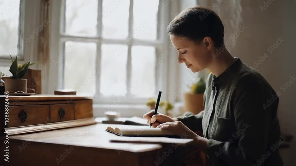 A person sitting at a desk, writing in a journal by a window. A person sitting at a desk, writing in a journal by a window.