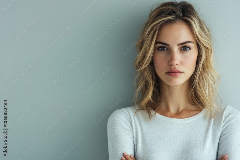 A young woman with wavy hair poses confidently against a neutral background in soft lighting A young woman with wavy hair poses confidently against a neutral background in soft lighting