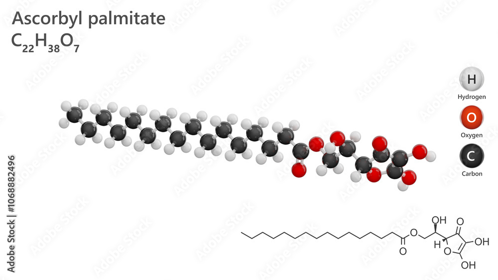 Molecule: Ascorbyl Palmitate. Fatty acid ester. E304. Molecular structure. Formula: C22H38O7. Chemical model: Ball and stick. White background. 3D illustration. Molecule: Ascorbyl Palmitate. Fatty acid ester. E304. Molecular structure. Formula: C22H38O7. Chemical model: Ball and stick. White background. 3D illustration.
