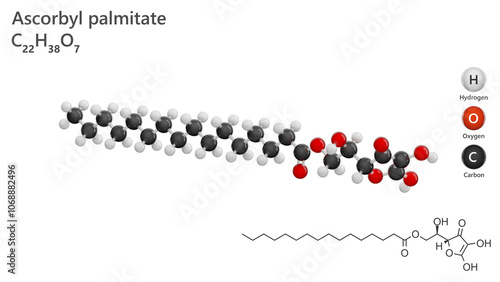 Molecule: Ascorbyl Palmitate. Fatty acid ester. E304. Molecular structure. Formula: C22H38O7. Chemical model: Ball and stick. White background. 3D illustration. photo