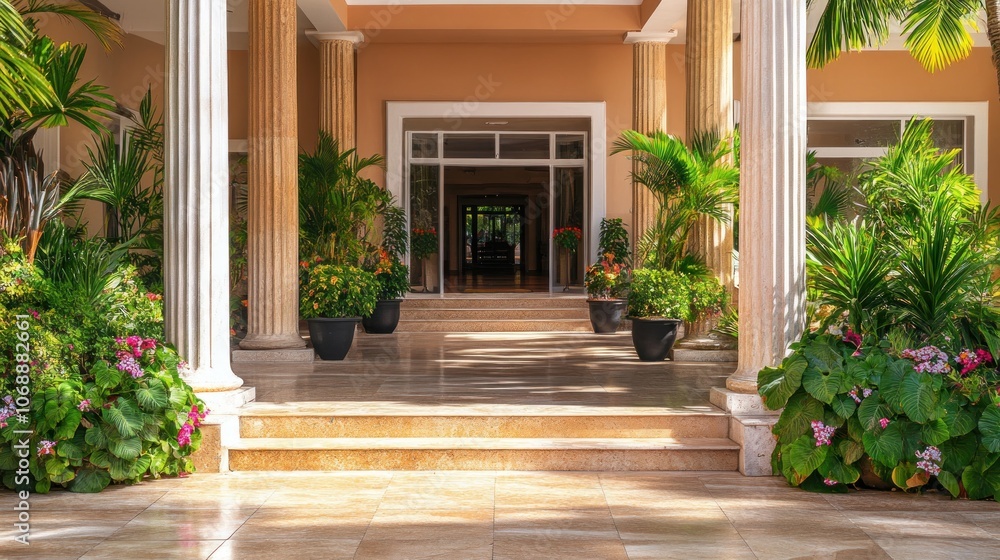 A luxurious hotel entrance with marble columns and lush landscaping A luxurious hotel entrance with marble columns and lush landscaping