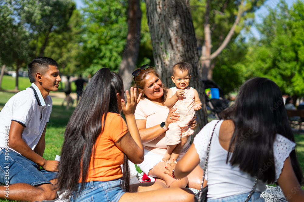 Latin multigenerational family spending a sunny day together in a park Latin multigenerational family spending a sunny day together in a park