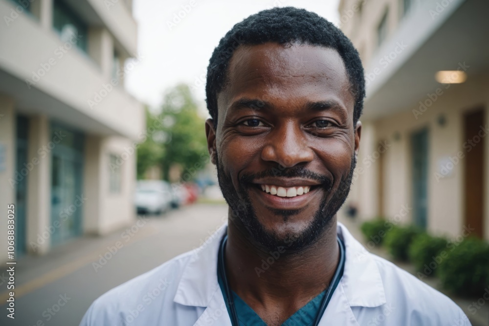 Close portrait of a smiling 40s Nigerian man doctor looking at the camera, Nigerian hospital blurred background Close portrait of a smiling 40s Nigerian man doctor looking at the camera, Nigerian hospital blurred background