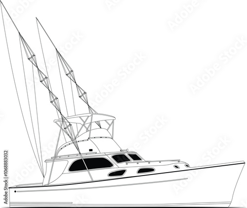 Sport fishing boat vector line art illustration and one-color