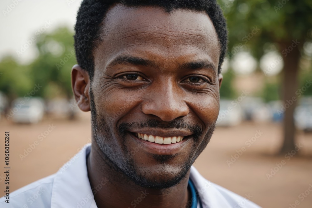 Close portrait of a smiling 40s Nigerien man doctor looking at the camera, Nigerien hospital blurred background Close portrait of a smiling 40s Nigerien man doctor looking at the camera, Nigerien hospital blurred background