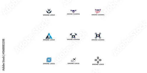 Set Drone Helicopter Camera Lens Photography logo. Drone with Camera Shutter or aperture logo.