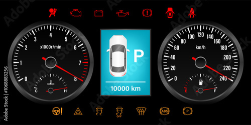 Car Dashboard. Car Panel Display. Car Speedometer Dashboard. Tachometer or Odometer Display. High Speed Concept. Vector Illustration.