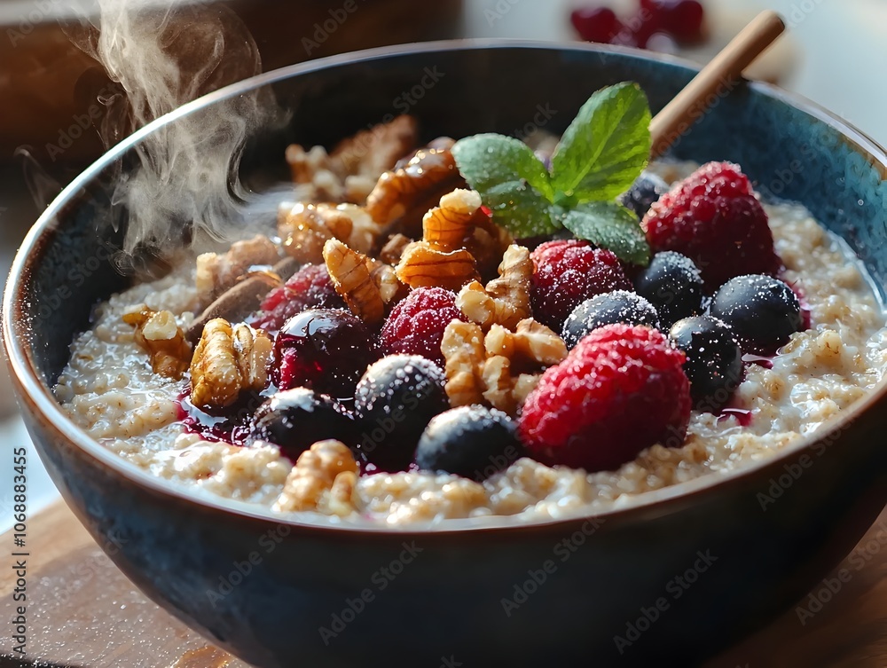 Warm Oatmeal Bowl Topped with Fresh Berries Nuts and Drizzled Honey Warm Oatmeal Bowl Topped with Fresh Berries Nuts and Drizzled Honey