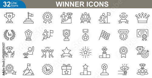 Winner outline icons set. Trophy, gold medal, podium, laurel wreath, star, flag, crown, cup and more. vector illustration.