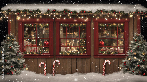 Classic Christmas Window Display with Snowflakes and Lights