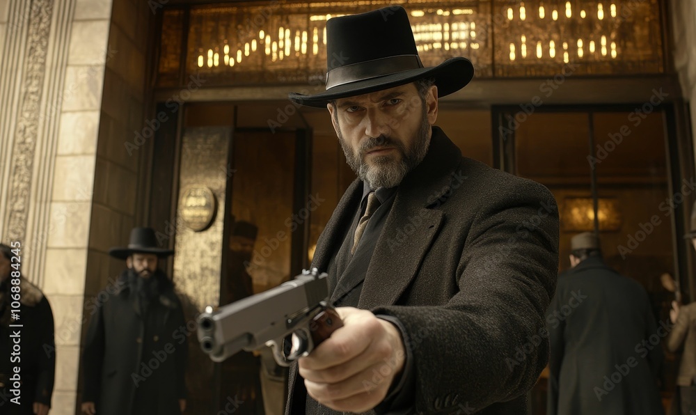 Man in hat holding gun, serious expression. Man in hat holding gun, serious expression.