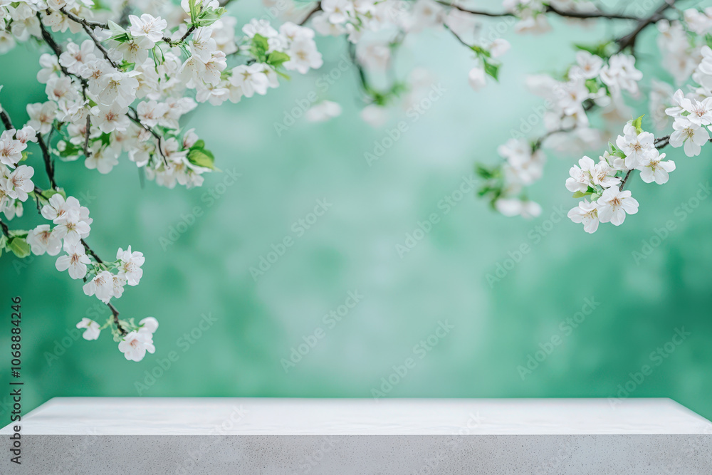 floral podium adorned with cherry blossom branches against soft green background creates serene and tranquil atmosphere, perfect for showcasing products or decorations floral podium adorned with cherry blossom branches against soft green background creates serene and tranquil atmosphere, perfect for showcasing products or decorations