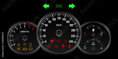 Car Dashboard. Car Panel Display. Car Speedometer Dashboard. Tachometer or Odometer Display. Vector Illustration.