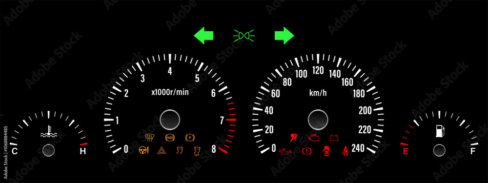 Fototapeta premium Car Dashboard. Car Panel Display. Car Speedometer Dashboard. Tachometer or Odometer Display. Vector Illustration.