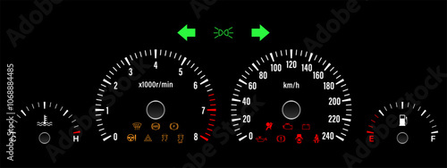 Car Dashboard. Car Panel Display. Car Speedometer Dashboard. Tachometer or Odometer Display. Vector Illustration.