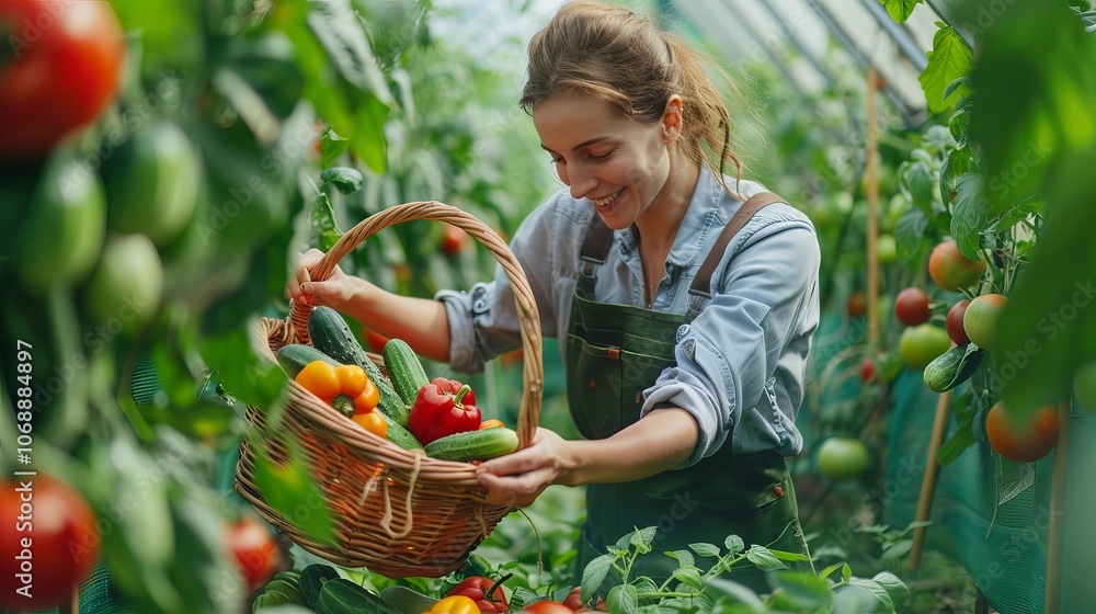 Fototapeta premium A woman in a greenhouse smiles as she carefully places freshly picked vegetables into a basket.