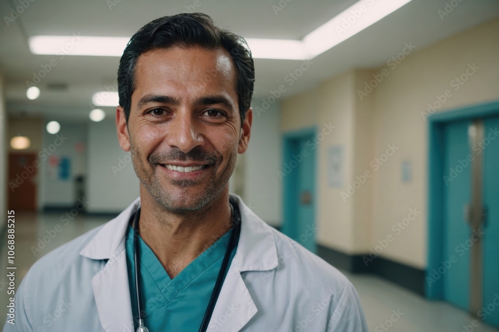 Close portrait of a smiling 40s Panamanian man doctor looking at the camera, Panamanian hospital blurred background Close portrait of a smiling 40s Panamanian man doctor looking at the camera, Panamanian hospital blurred background