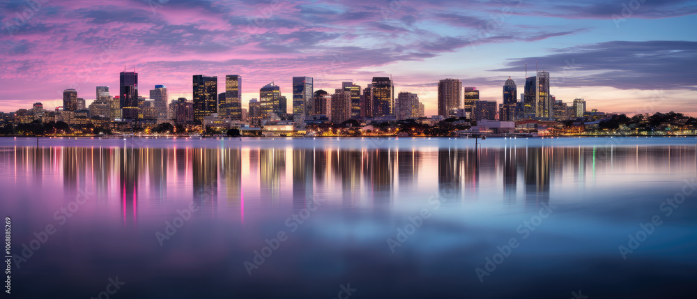 Fototapeta premium Vibrant Cityscape Twilight Reflections
