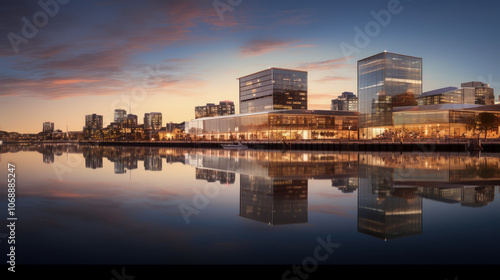 Serene Waterfront Cityscape at Twilight