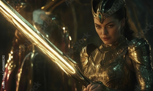 A woman in golden armor holds a sword.