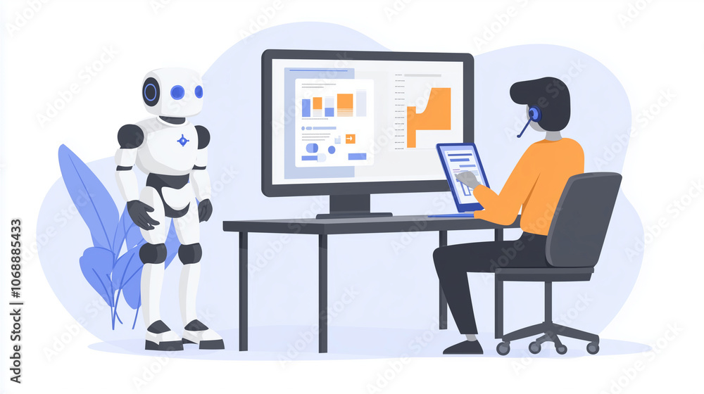 A robot helping a person at a desk, analyzing data on a computer screen to support their work A robot helping a person at a desk, analyzing data on a computer screen to support their work