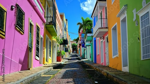 A narrow cobblestone street in a colorful neighborhood