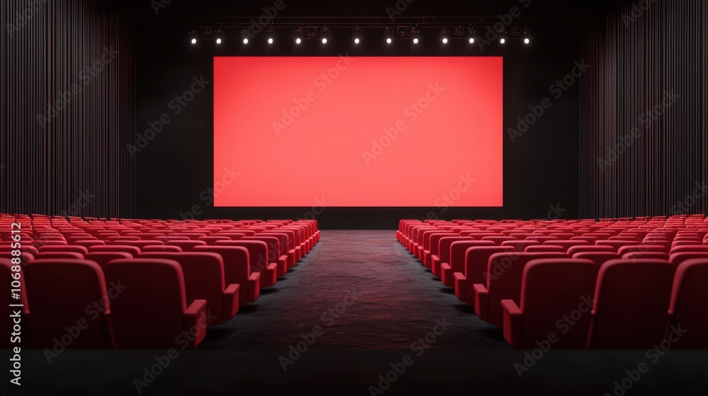 Fototapeta premium A modern cinema auditorium featuring red seats and a large blank screen against a black backdrop, ready for a presentation or film screening.
